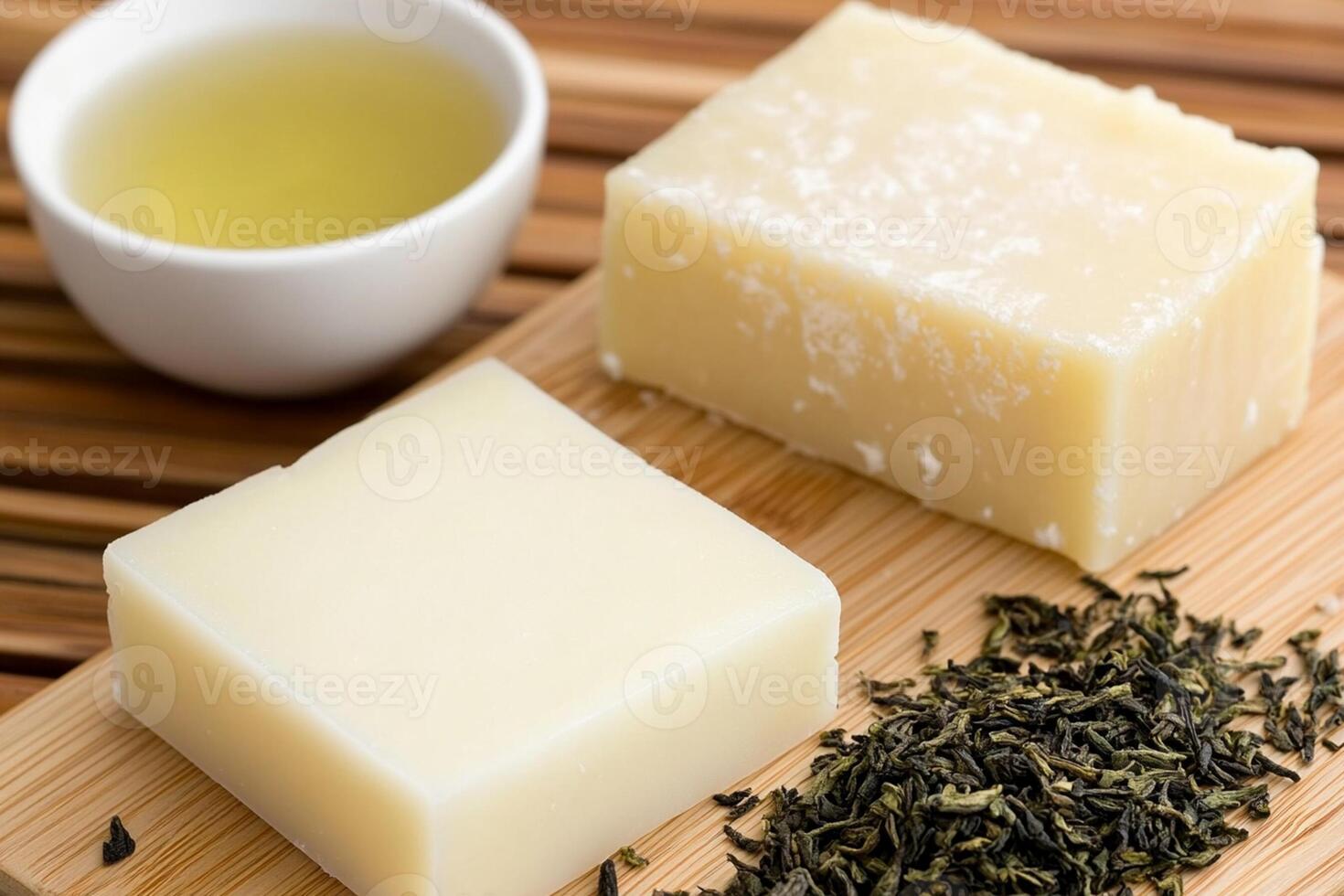 Green tea soap and a cup of tea photo