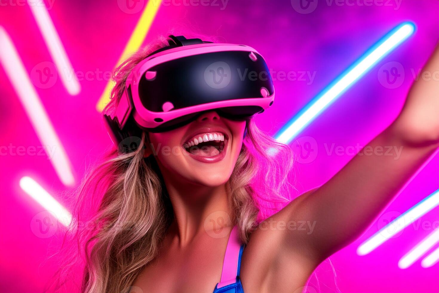 A woman wearing a pink vr headset and holding up her hands photo