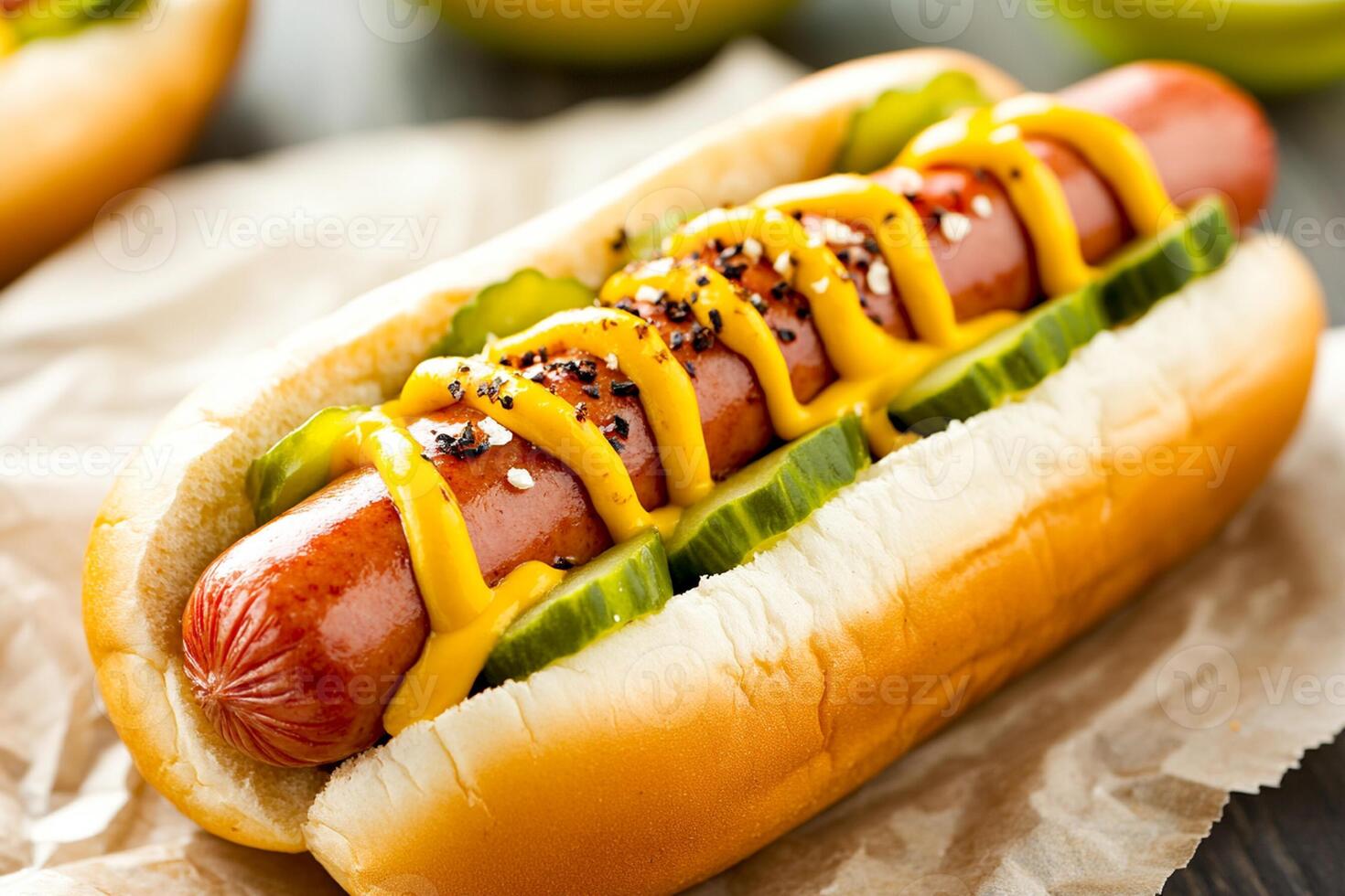 Two hot dogs with mustard and pickles on a paper photo