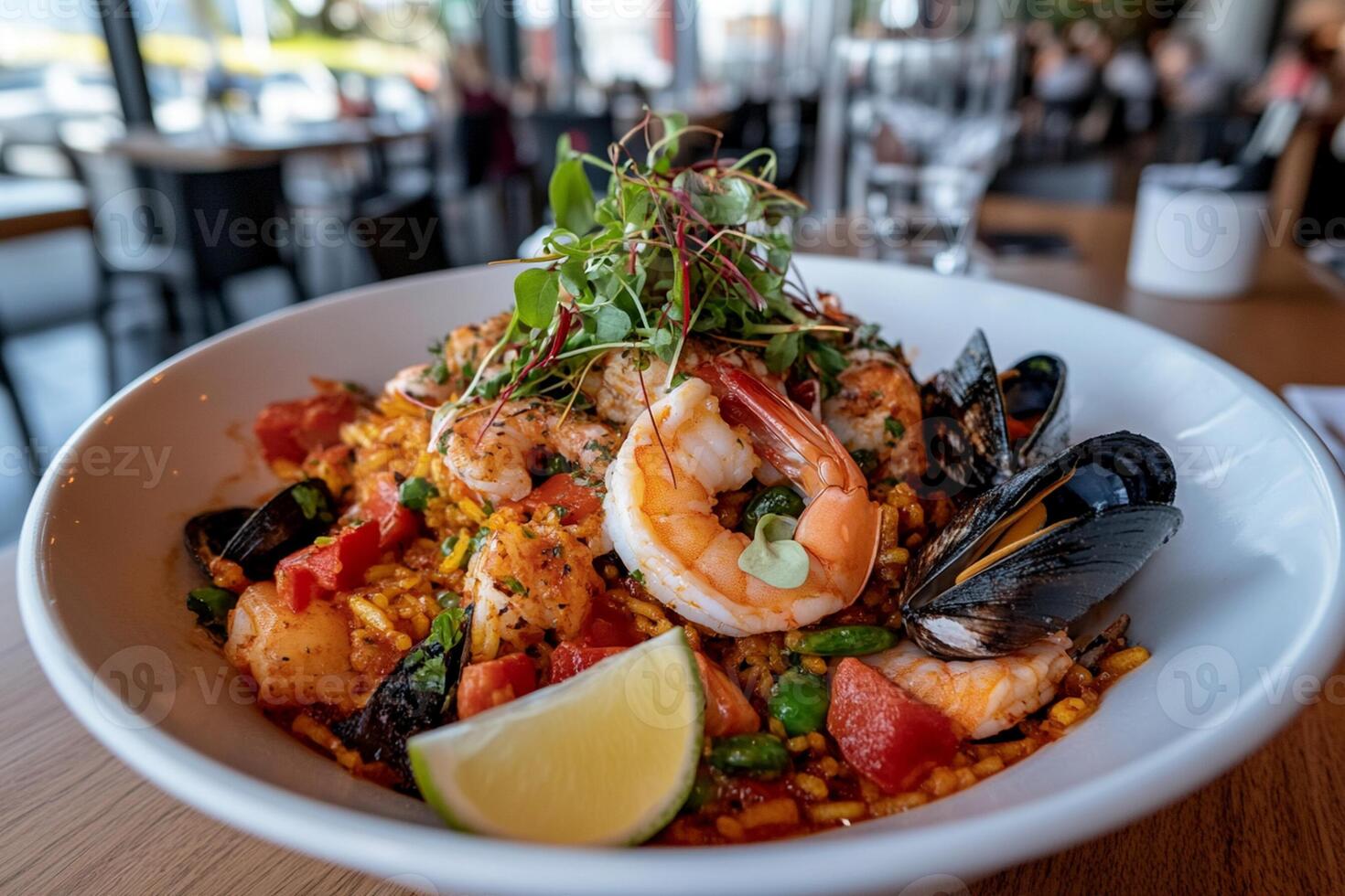 A bowl of seafood and rice with a lemon wedge photo
