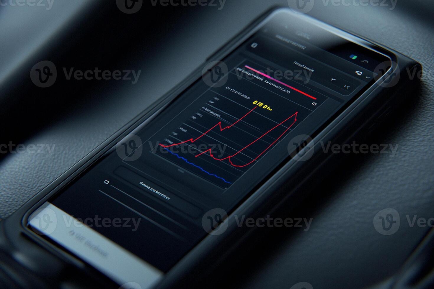 A smartphone with a graph on it sitting in a car photo