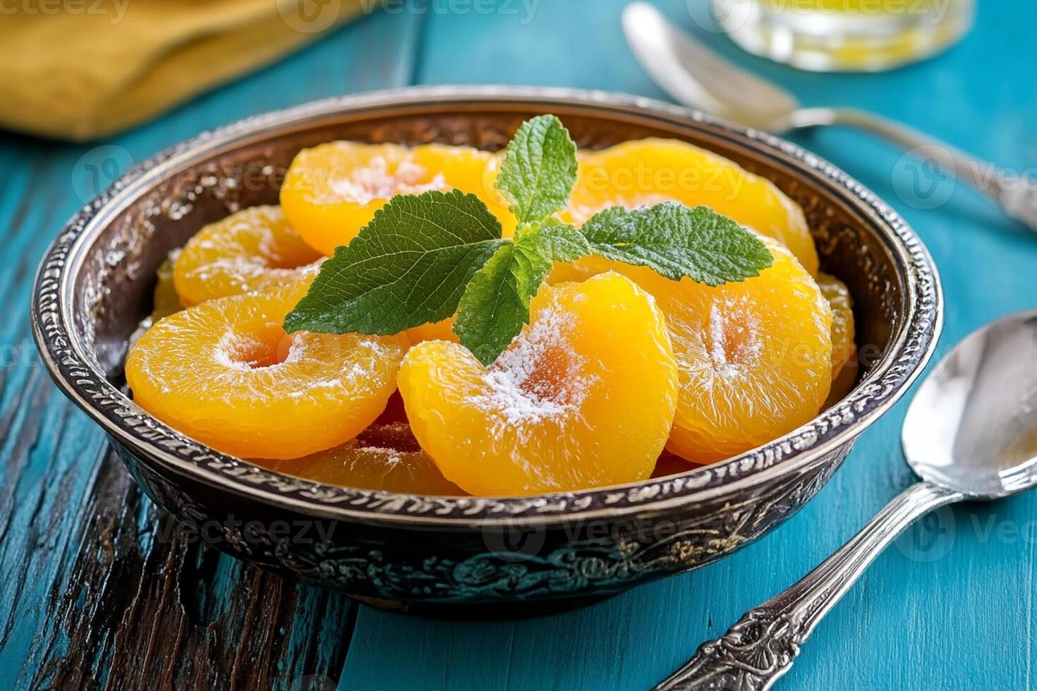A bowl of sliced apricots with mint leaves photo