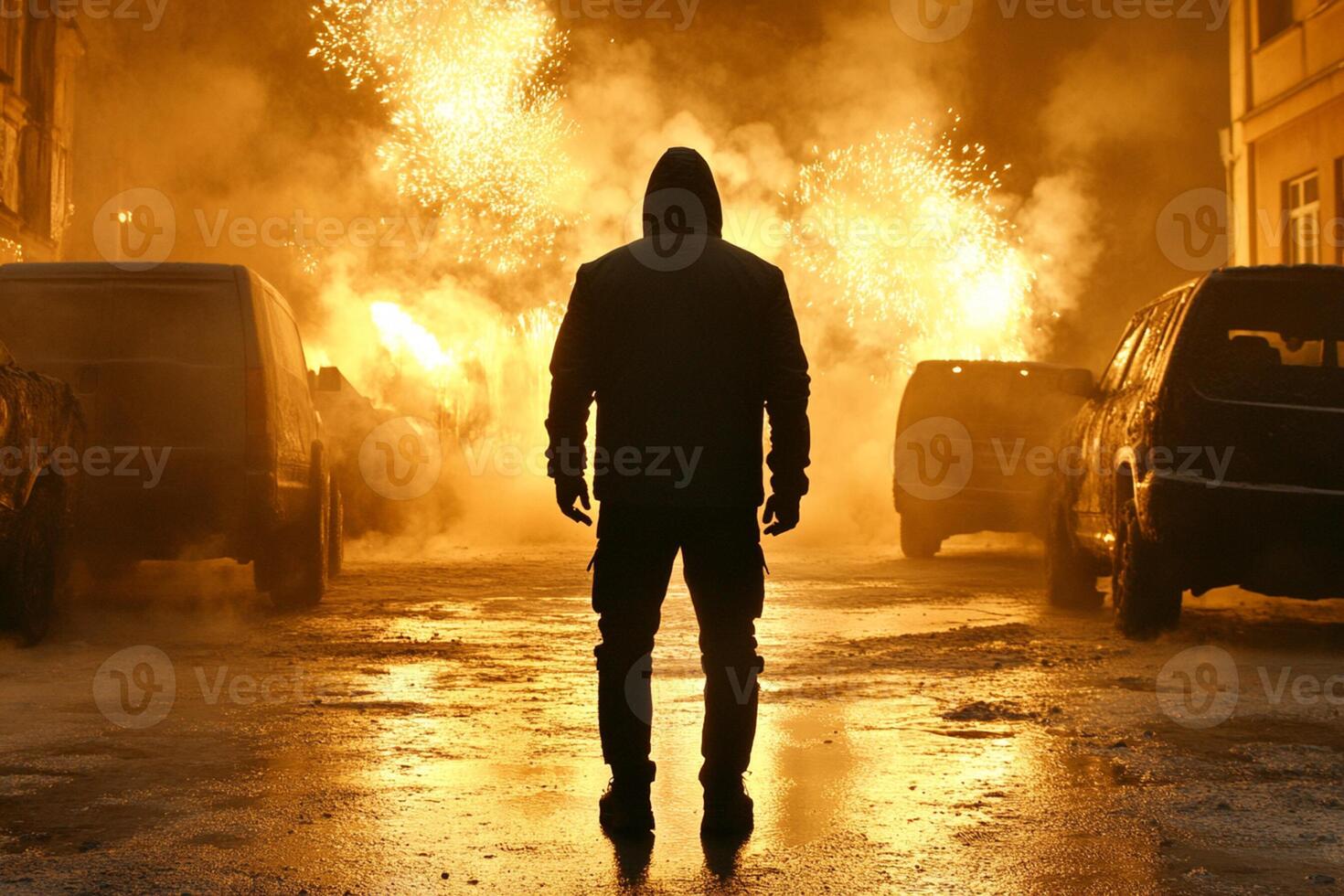 A man in a hoodie standing in front of a street with fire coming out of the ground photo
