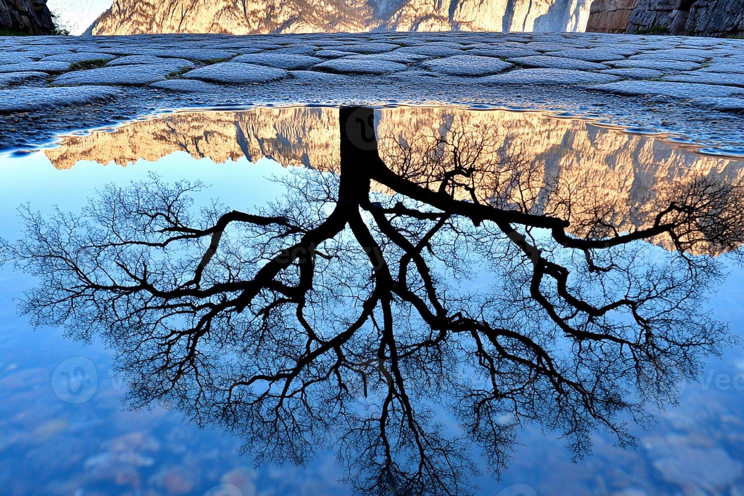 A tree with its reflection in a puddle photo