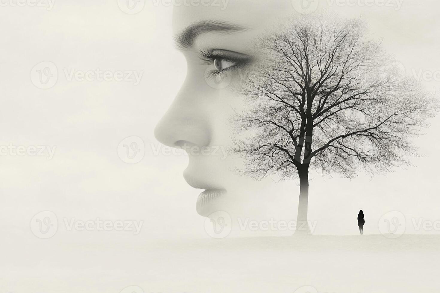 A woman is standing in front of a tree with no leaves photo