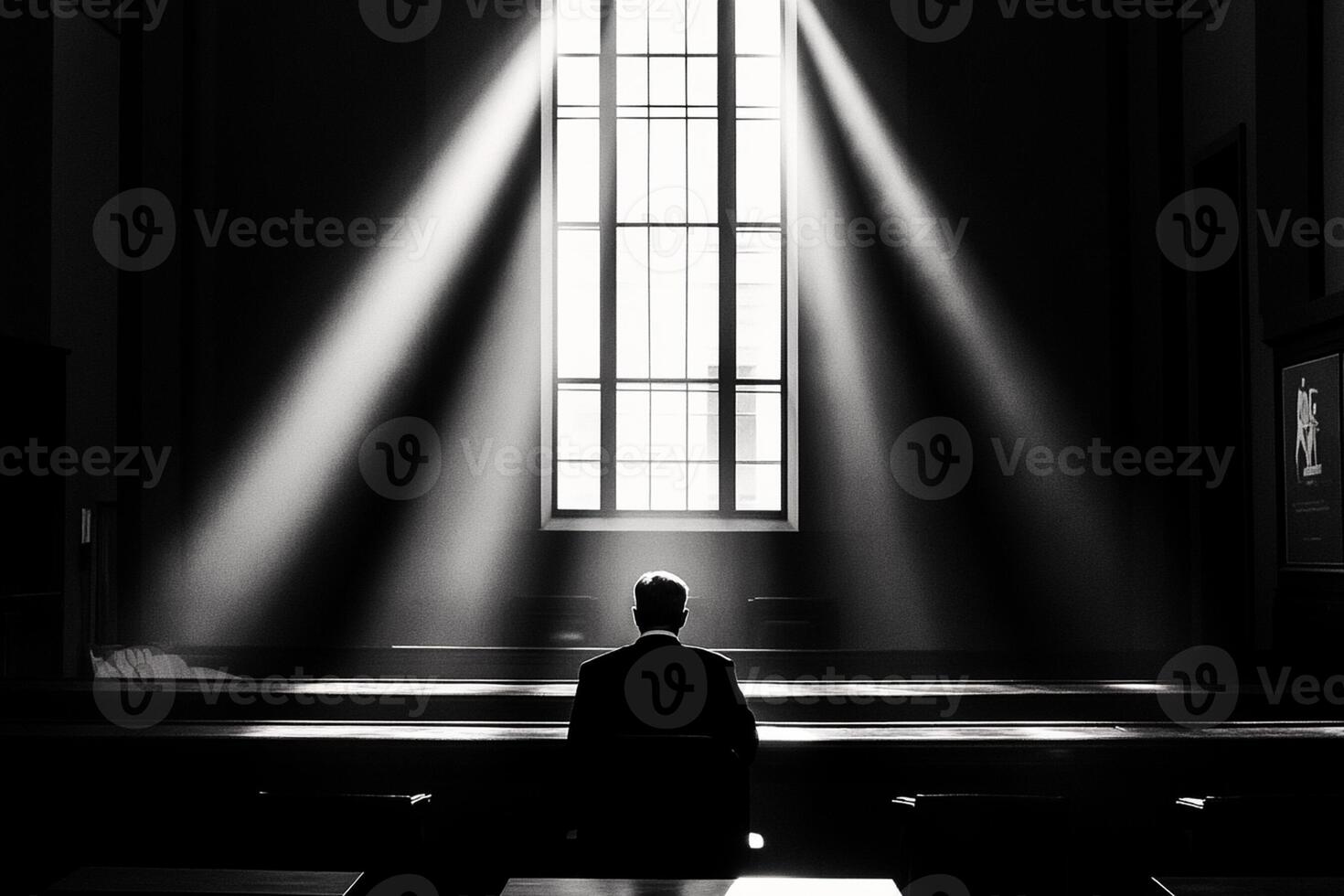 A man sits in a dark room with light shining through the window photo