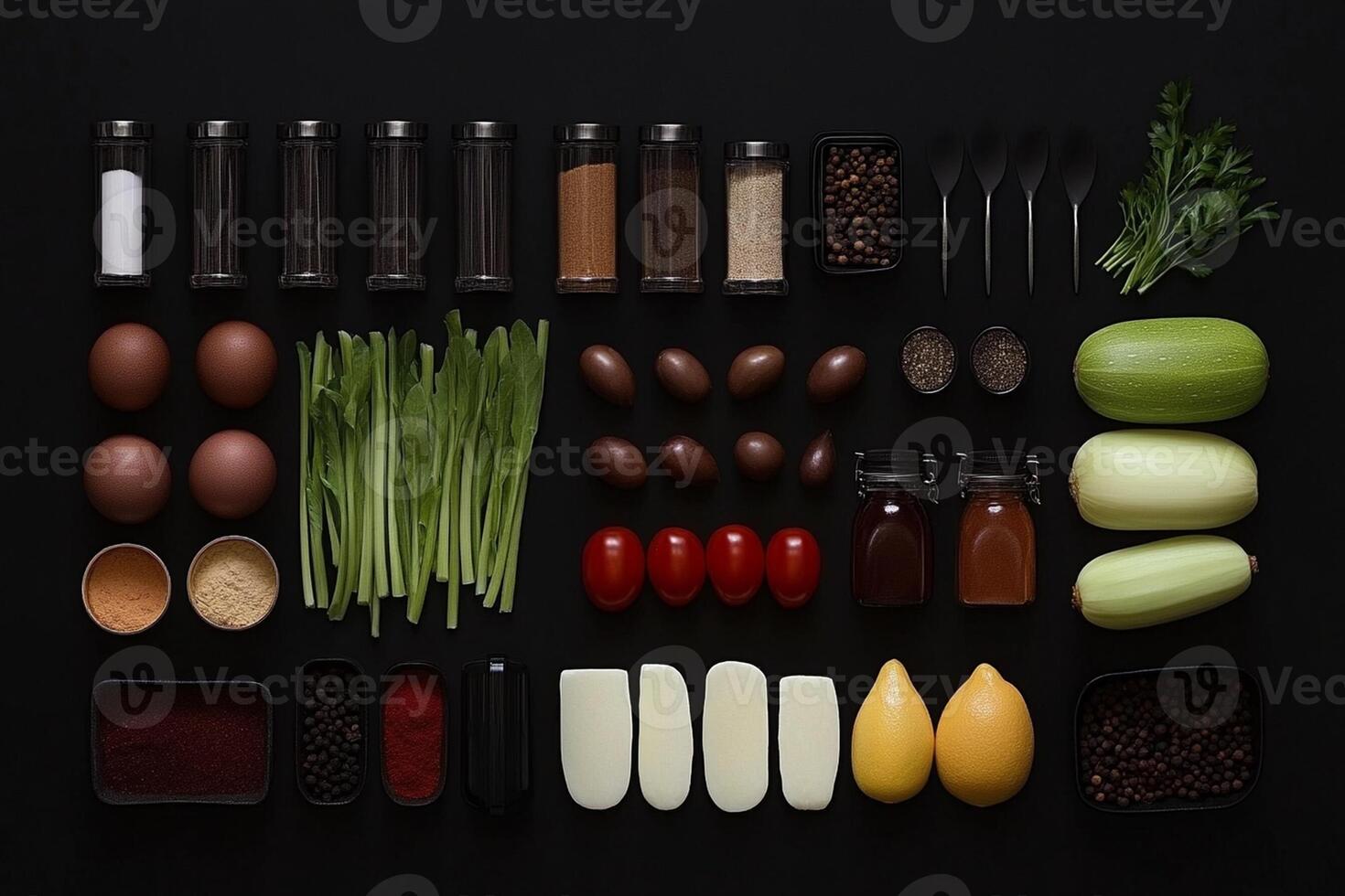 The ingredients for a meal laid out on a black surface photo