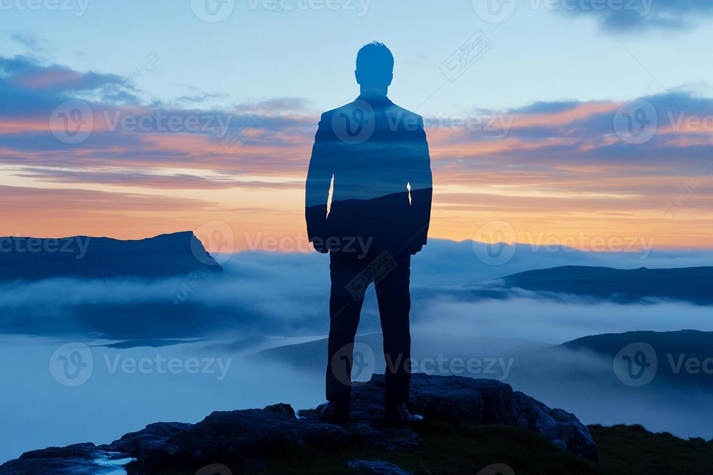 Businessman standing on top of mountain at sunset photo