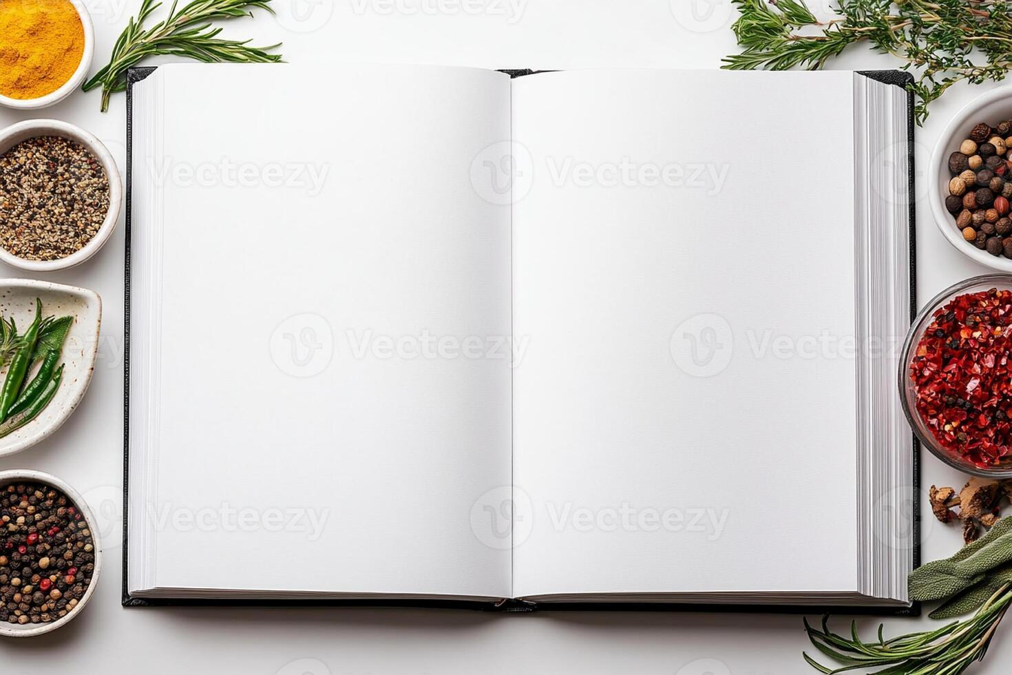 An open book with spices and herbs on a white background photo