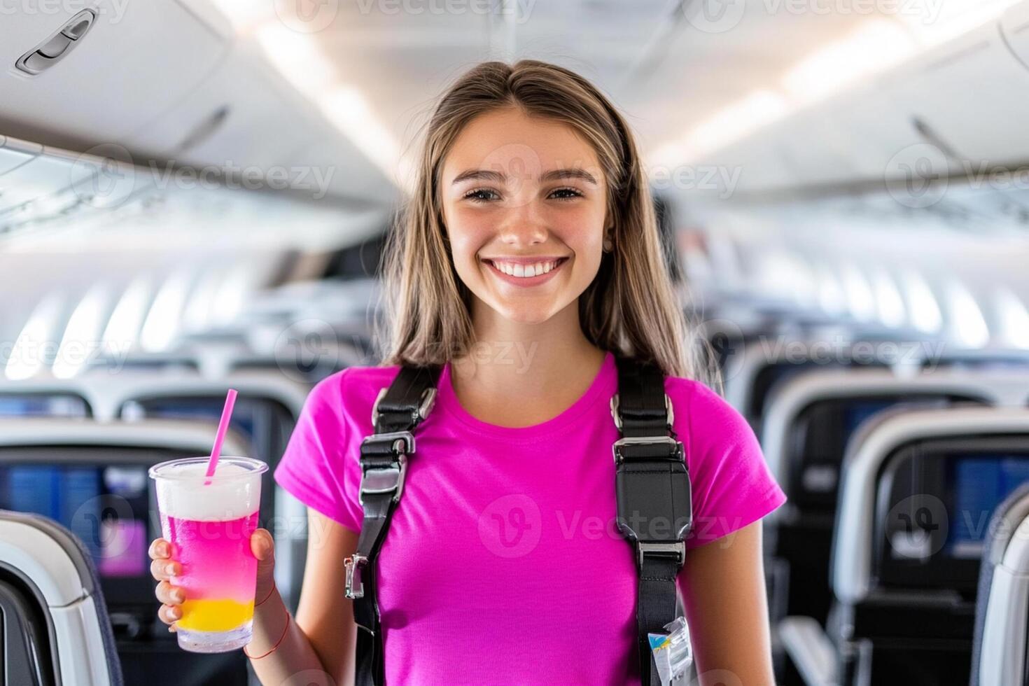 A woman in a pink shirt holding a drink on an airplane photo