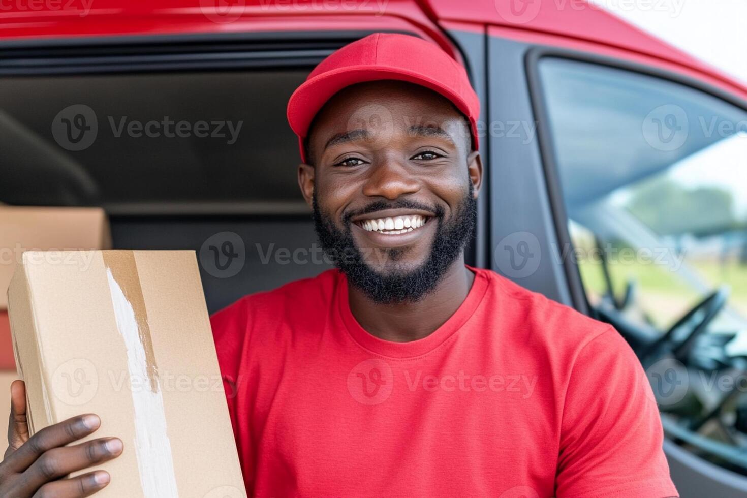 A smiling black man holding a box and smiling photo