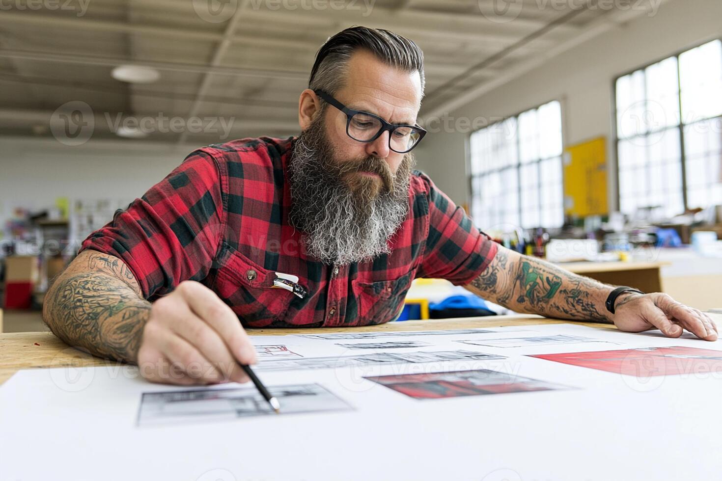 A man with a beard and glasses is working on a design photo