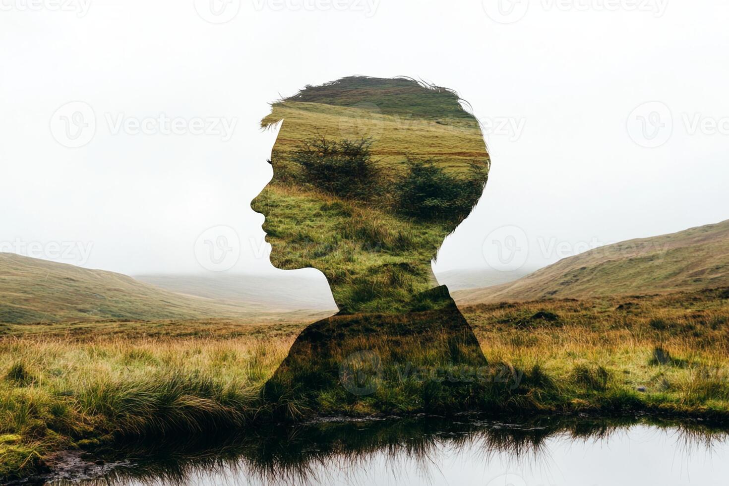 Double exposure of a man's face in the middle of a field photo