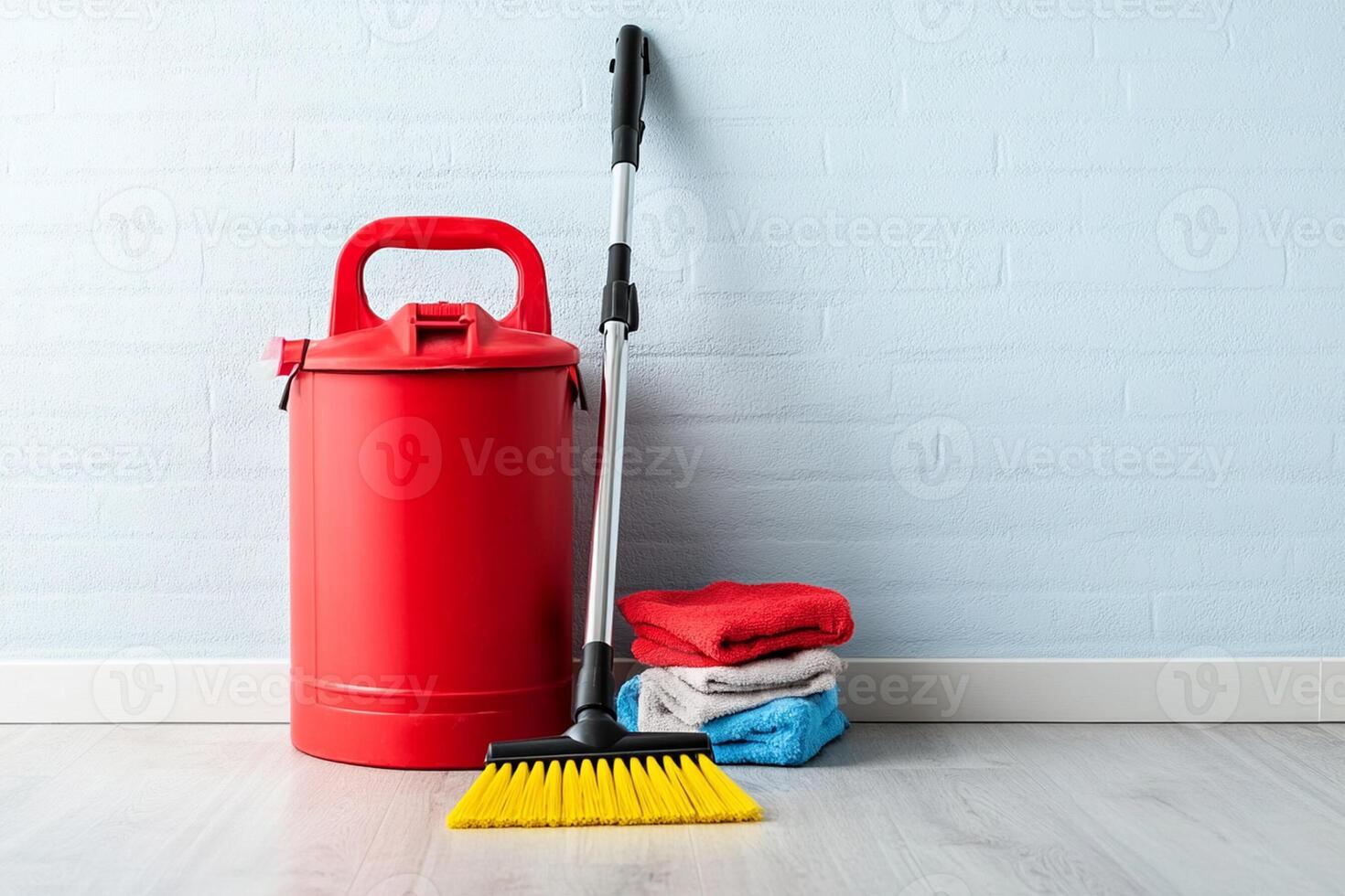 A red bucket, broom and other cleaning supplies photo