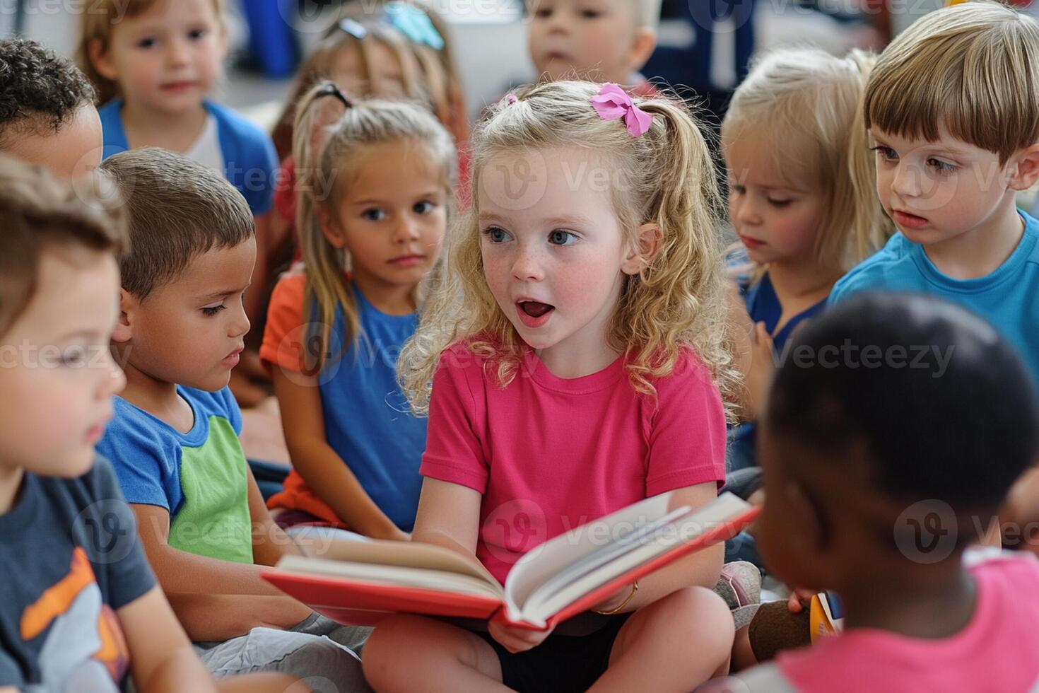 A group of children sitting on the floor reading a book photo