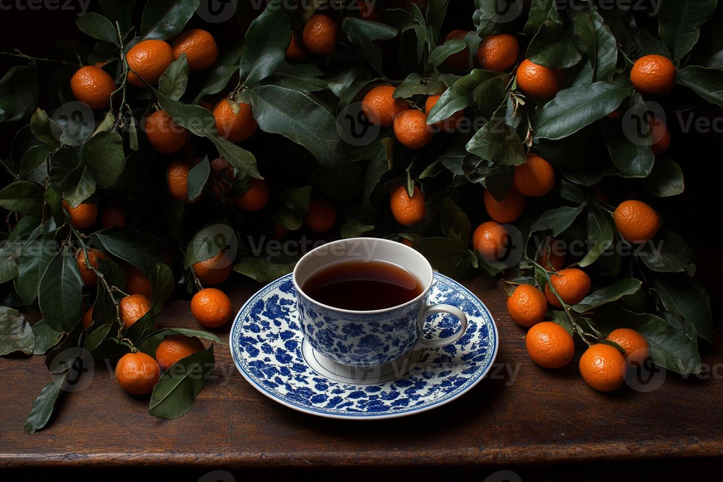A cup of tea and a saucer of fruit photo