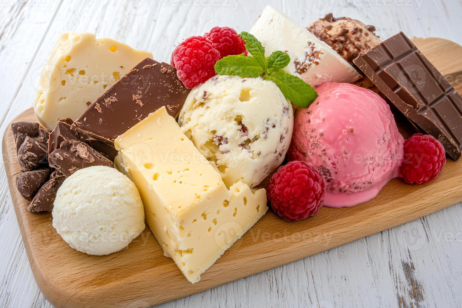 A wooden tray with a variety of ice cream, chocolate, and fruit photo