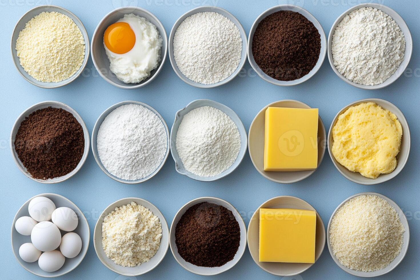 The ingredients for baking are arranged in bowls photo