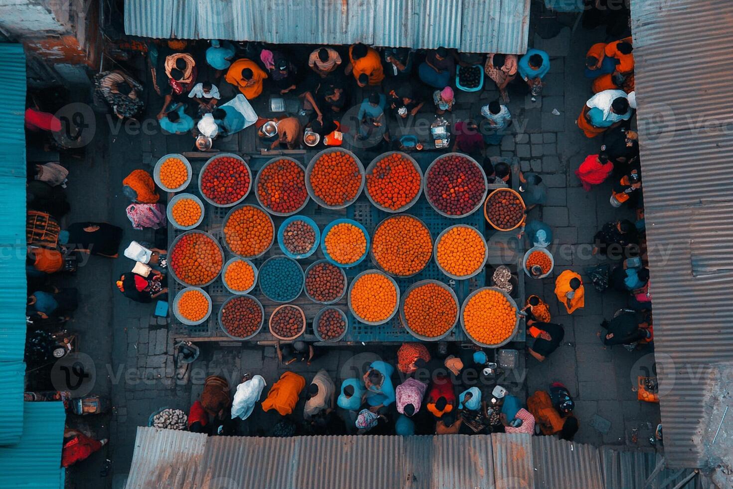 An overhead view of people in a market photo