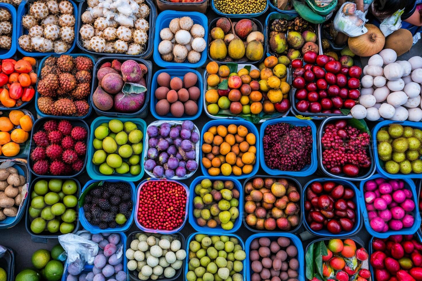 A large variety of fruits and vegetables are displayed in blue containers photo