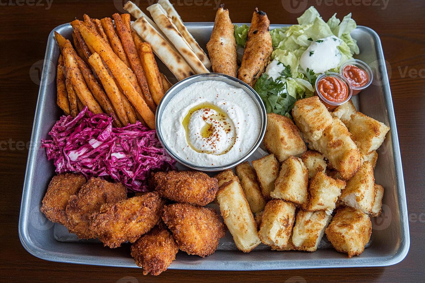 A tray of food on a table photo