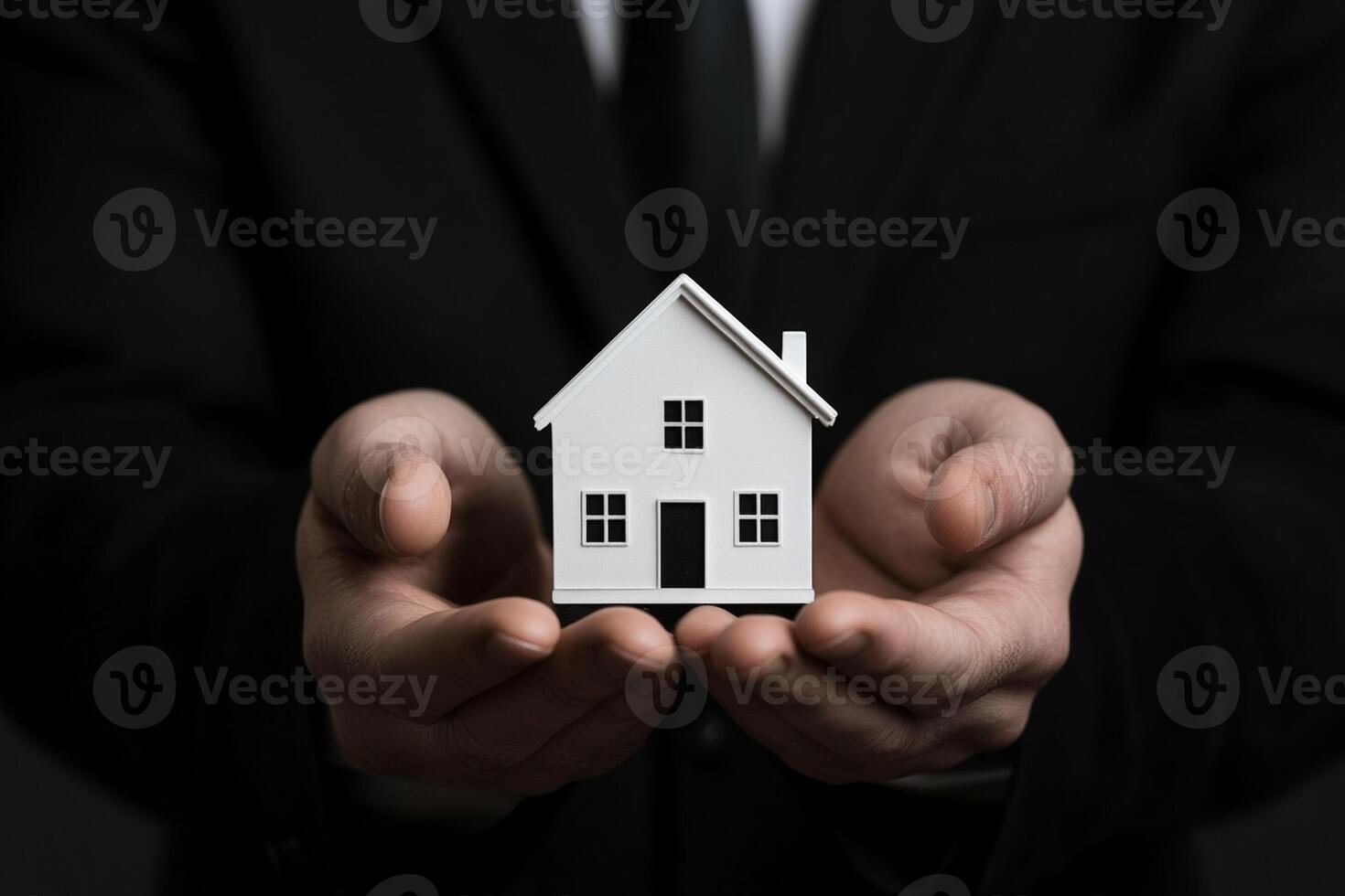 A man in a suit holding a house model photo