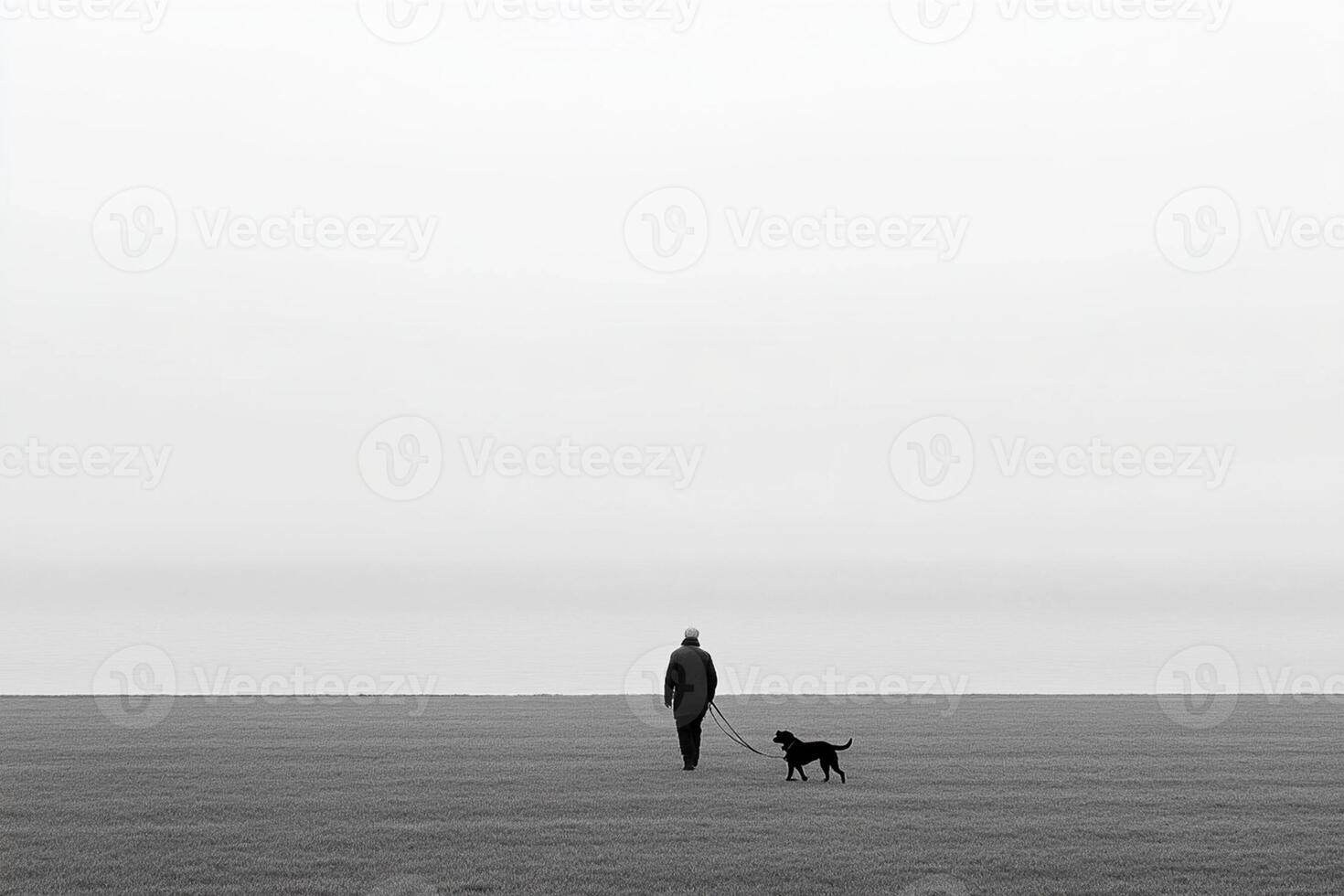 A person walking with a dog in the middle of a field photo