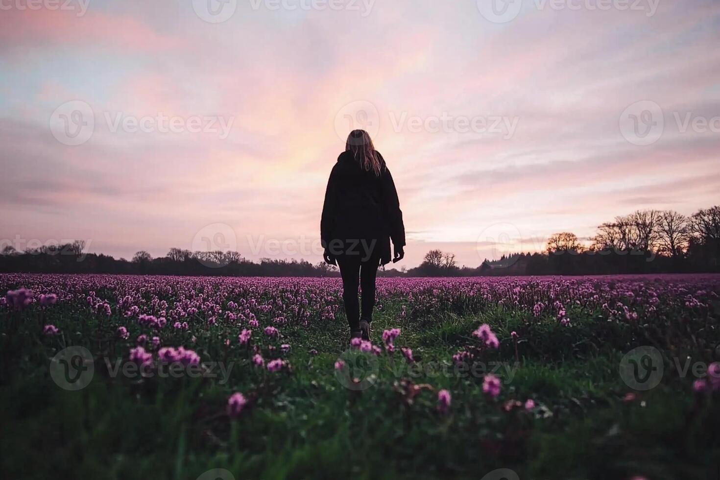 A woman walking in a field of purple flowers photo
