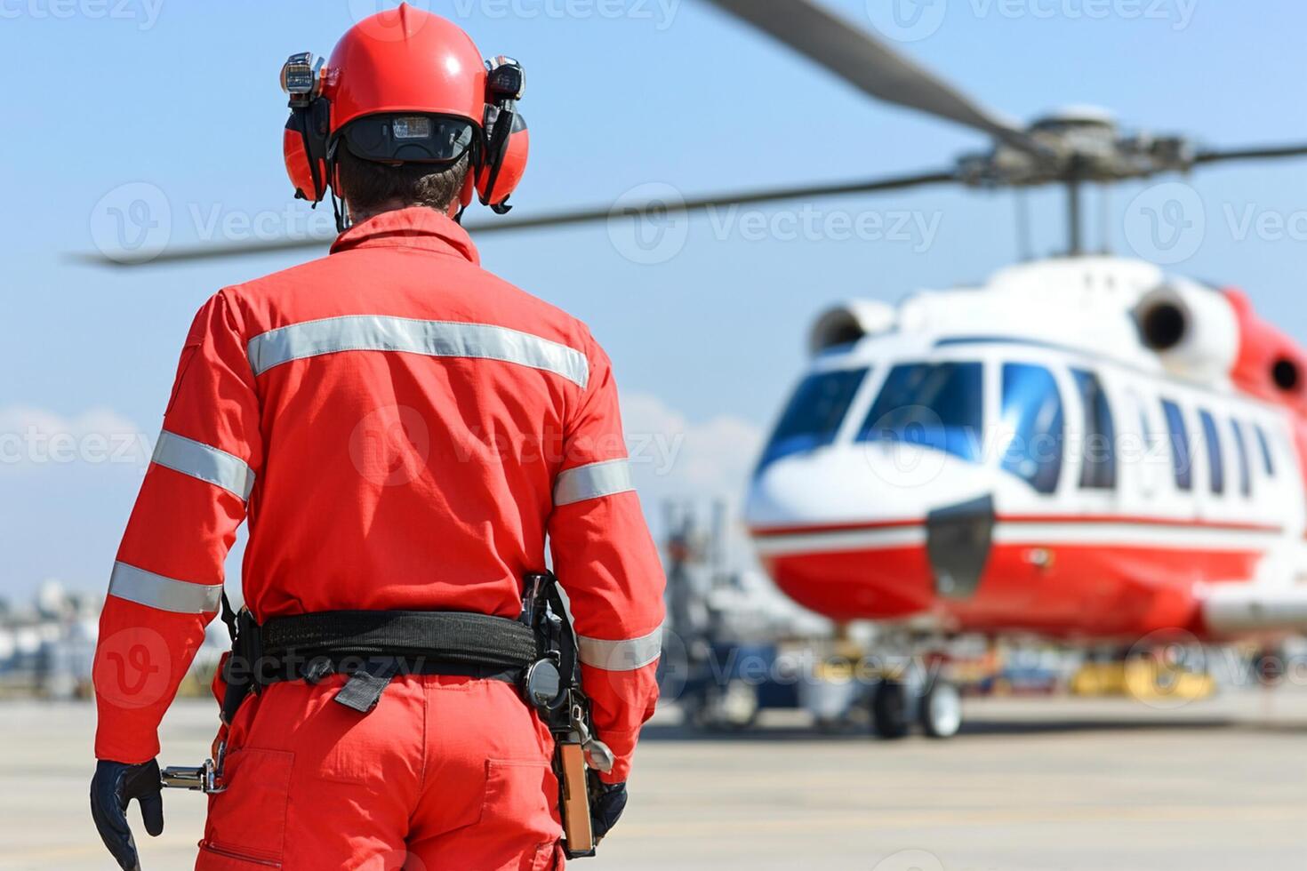 A man in red and white uniform standing in front of a helicopter photo