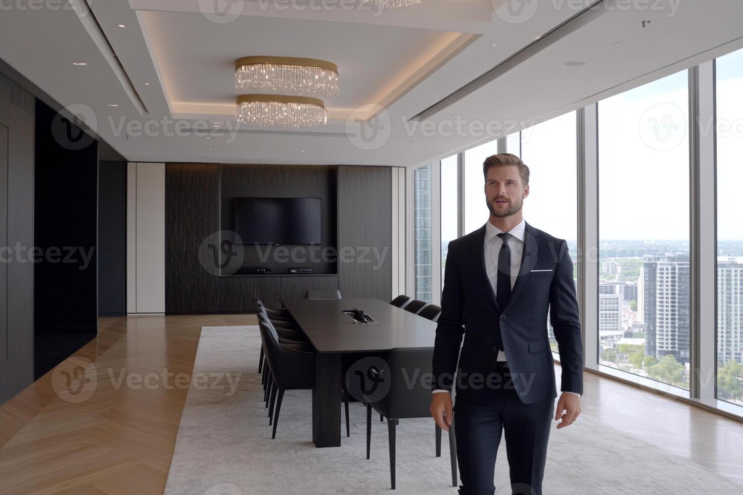 A man in a suit standing in front of a large window photo