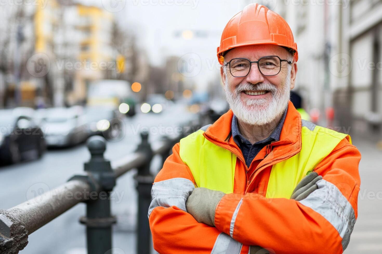 A smiling man in an orange safety vest and hard hat photo