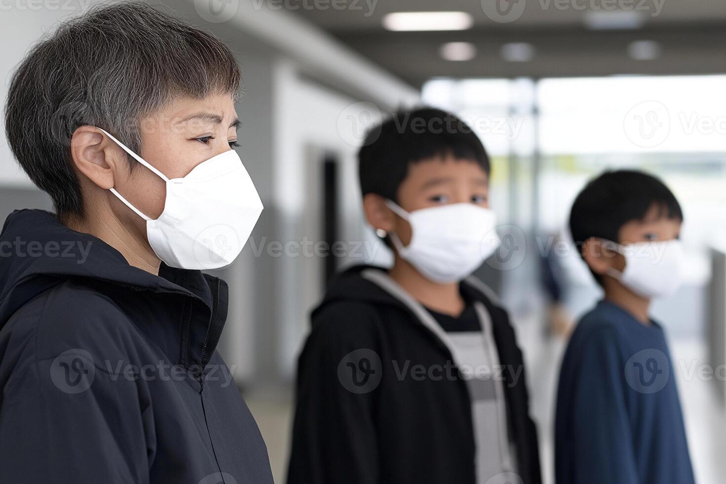 Three children wearing face masks in an airport photo