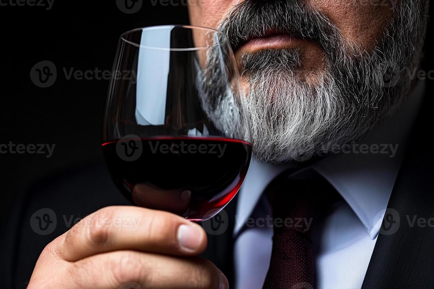 A man with a beard and a suit holding a glass of red wine photo