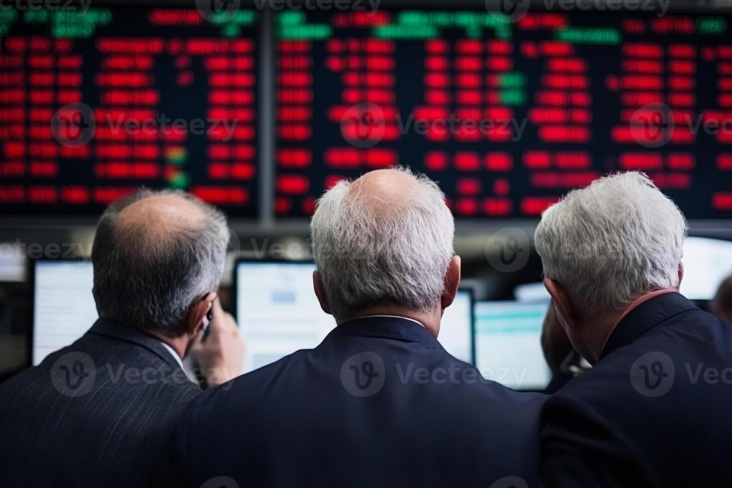 Three men looking at a stock market board photo