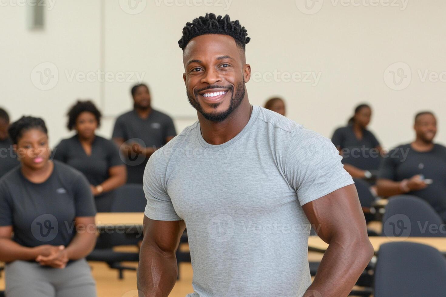 A man in a gym smiling while standing in front of a group of people photo