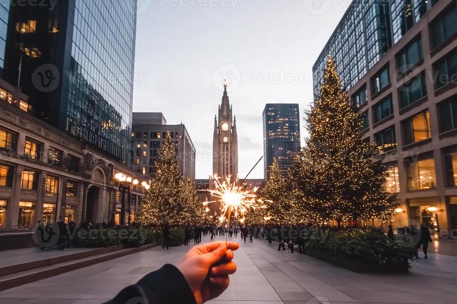 A person holding a sparkler in front of a city photo