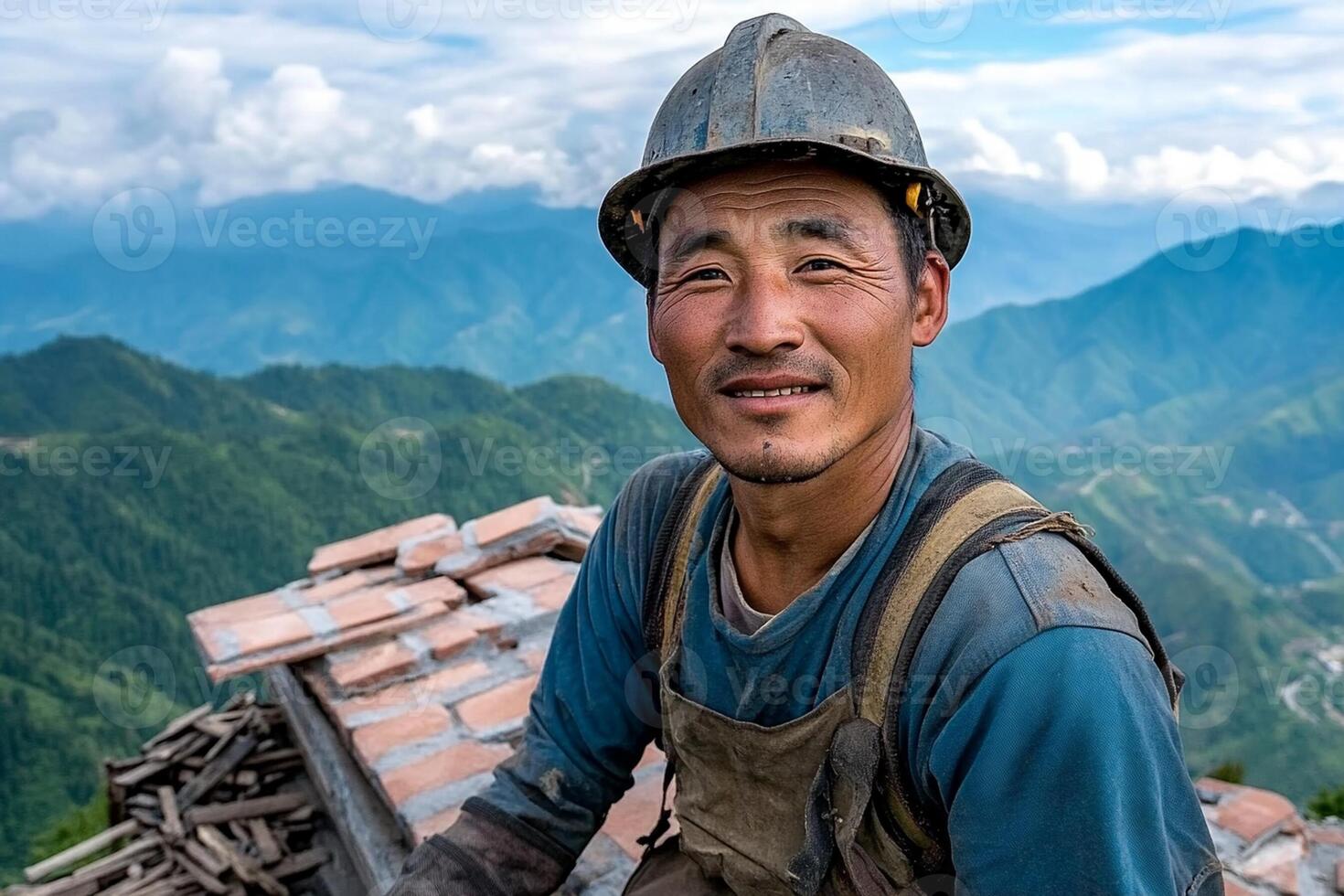 A man in a hard hat sitting on top of a mountain photo