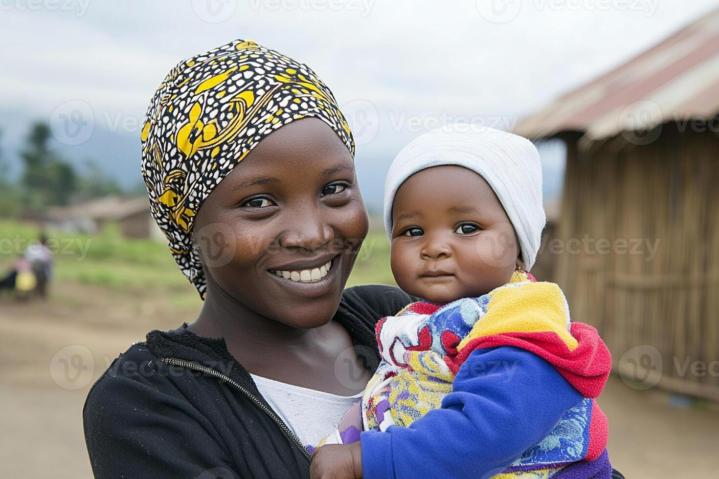 A woman holding a child in front of a hut photo