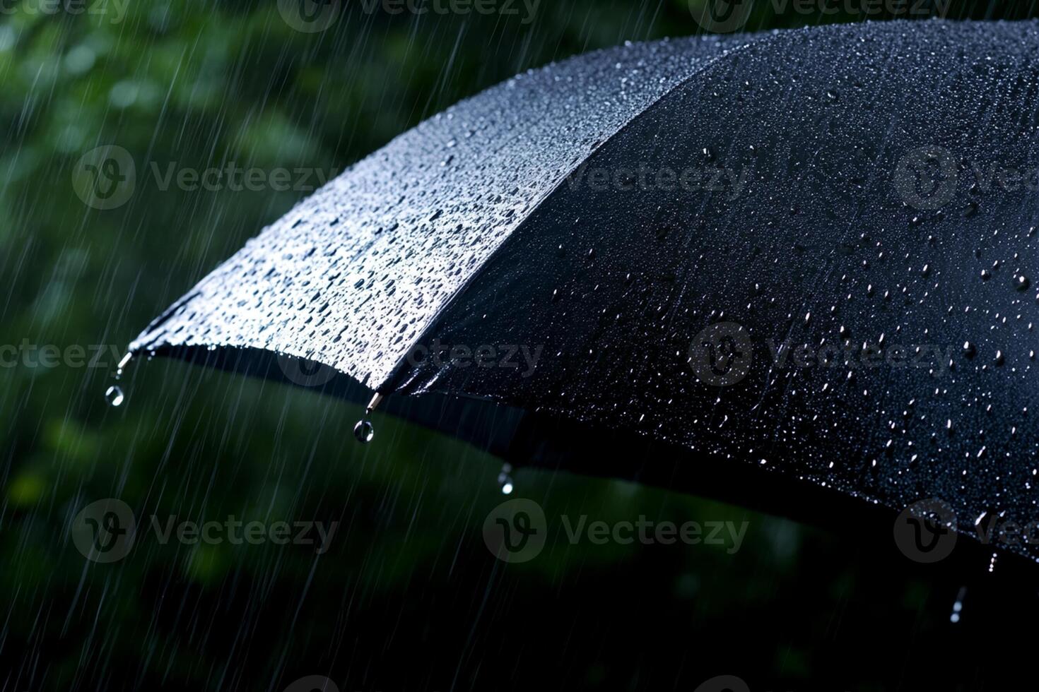 A black umbrella with rain drops on it photo