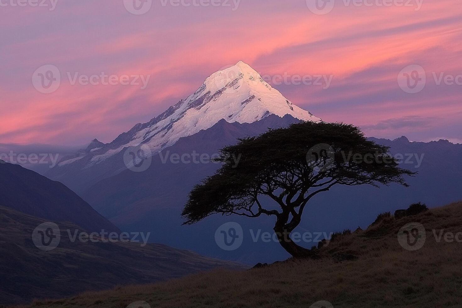 A lone tree stands in front of a mountain at sunset photo