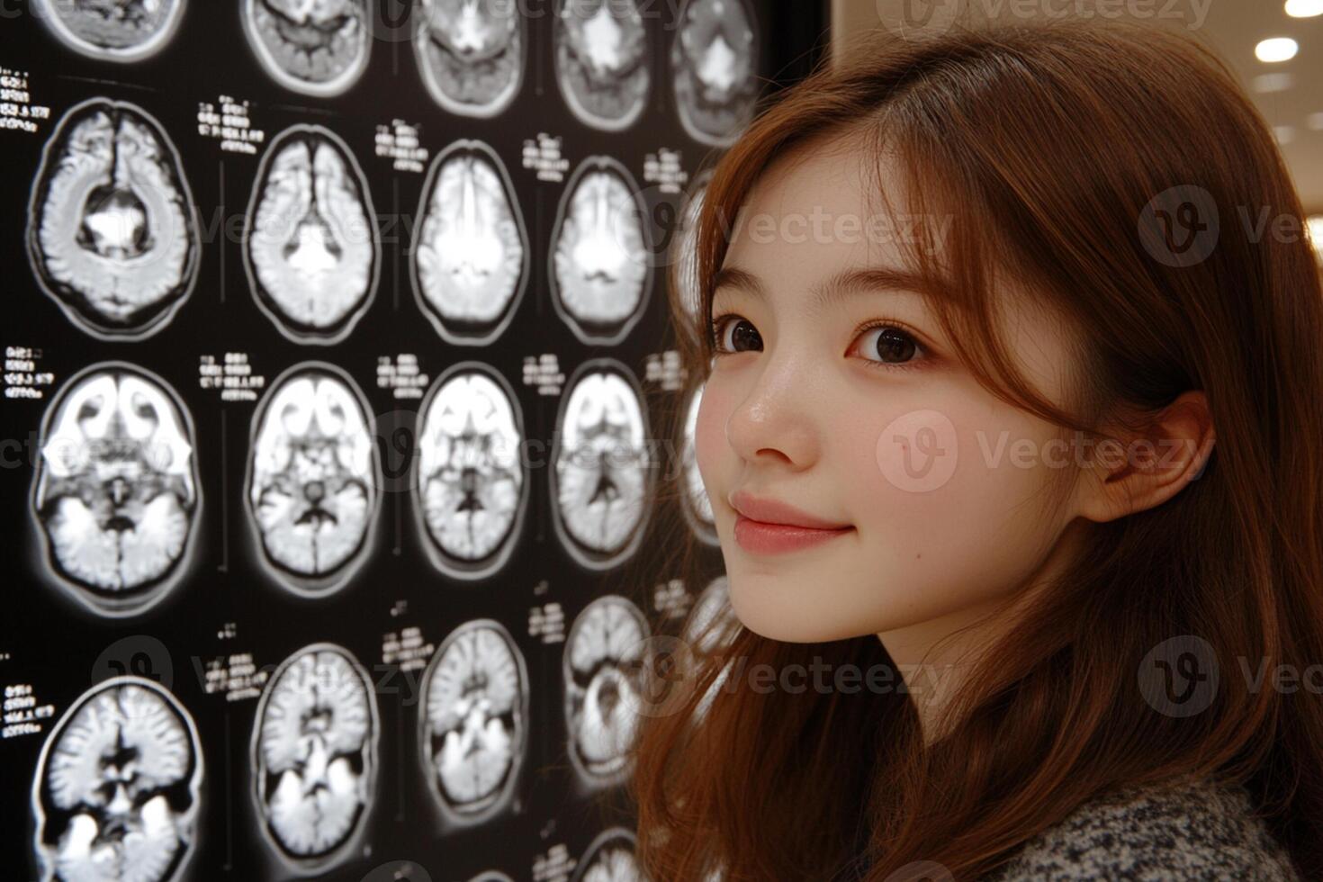 A woman standing in front of a large mri image photo