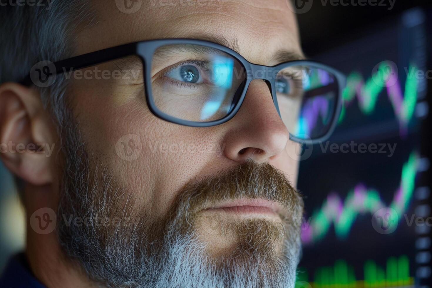 A man with glasses and a beard looking at a screen photo