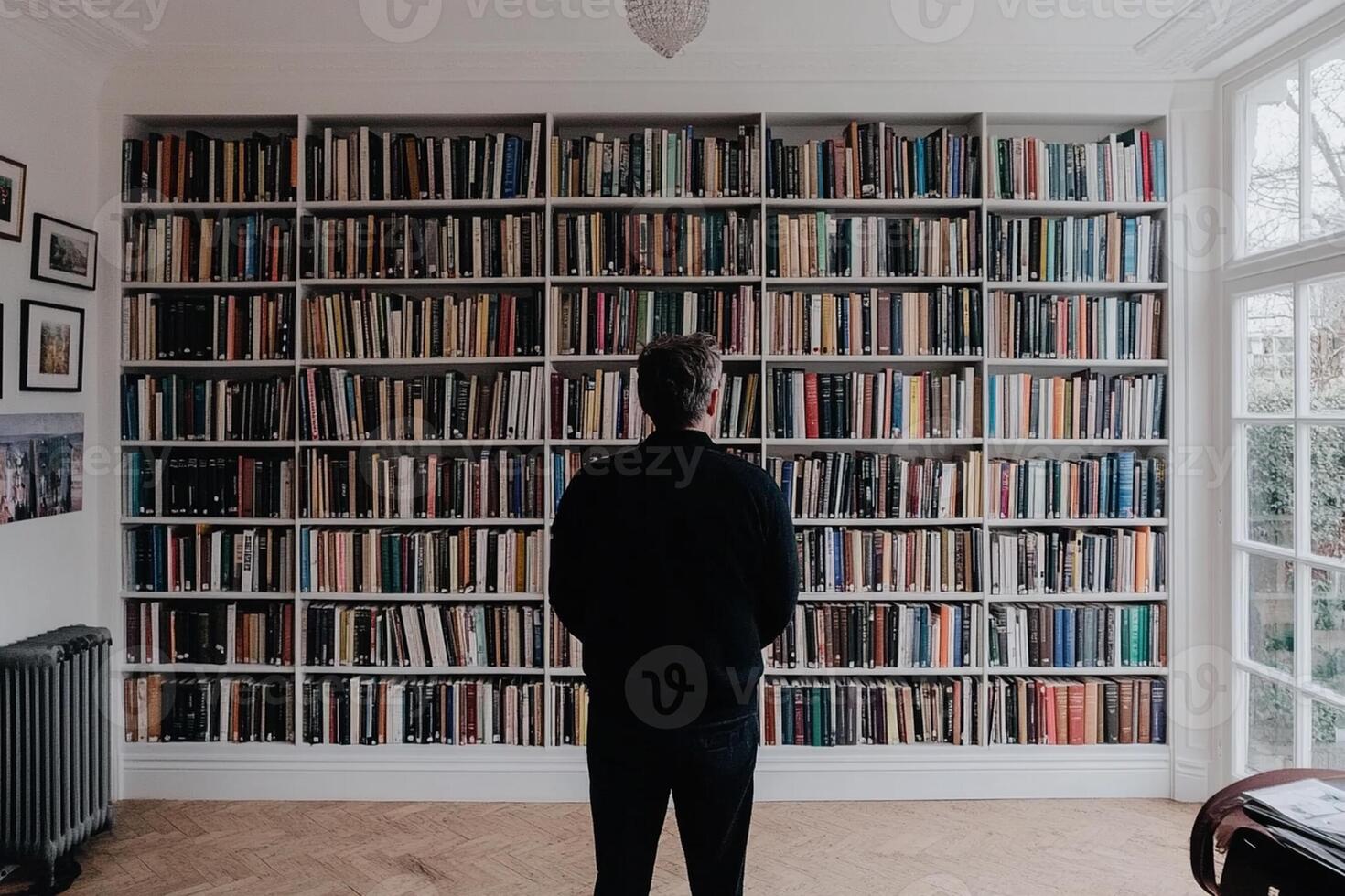 Man standing in front of a large bookcase photo