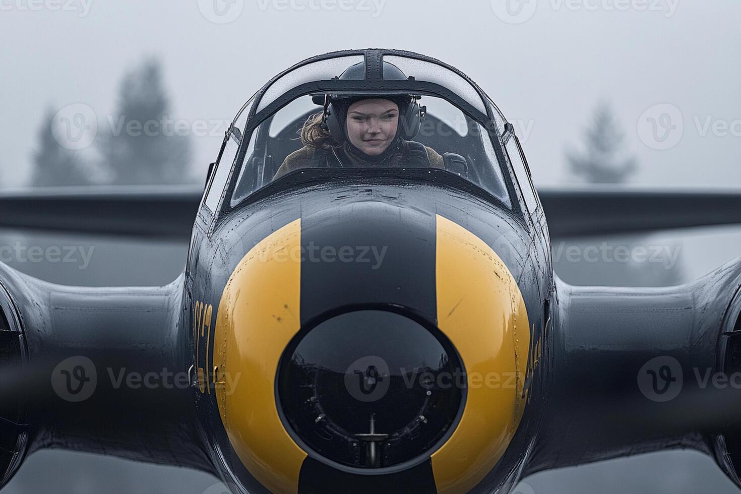 A woman in a black and yellow plane photo