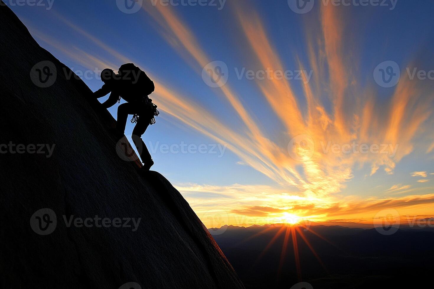 A man climbing up a mountain at sunset photo