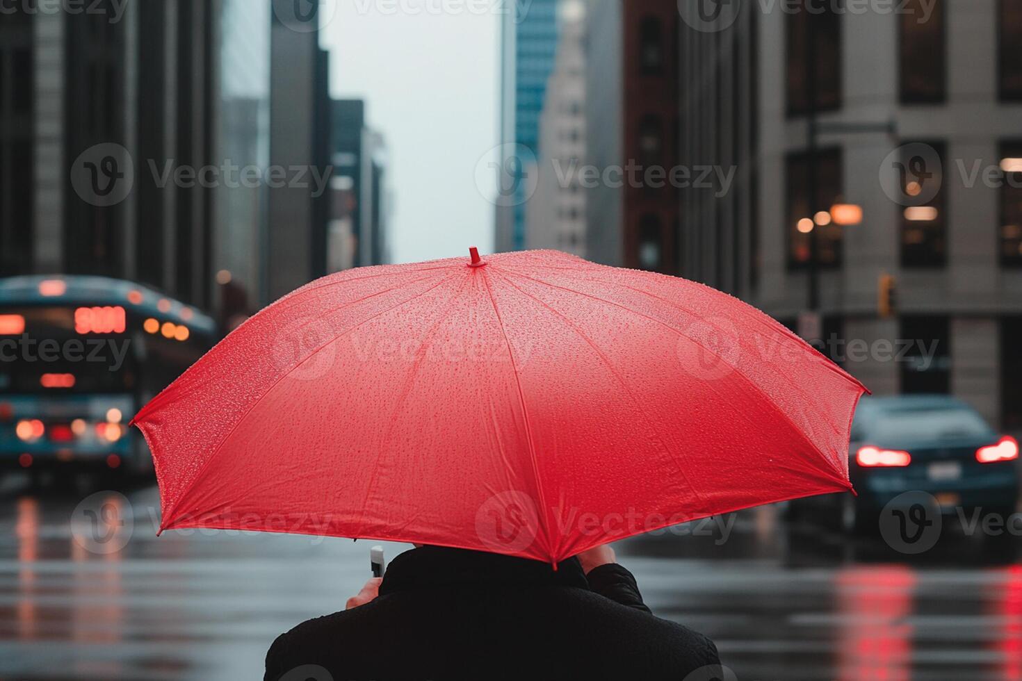 A person holding a red umbrella in the rain photo