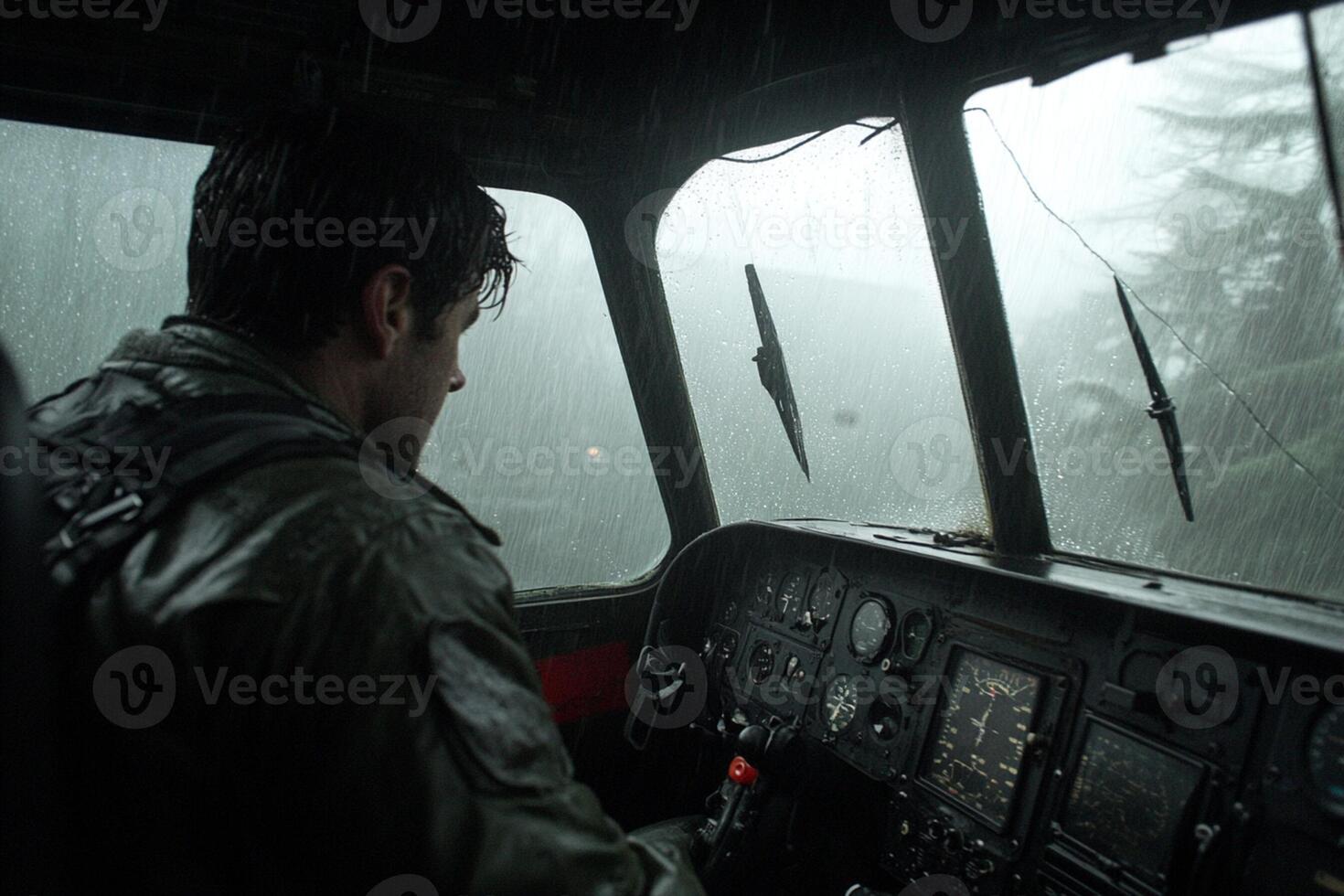 A man sitting in the cockpit of a plane in the rain photo