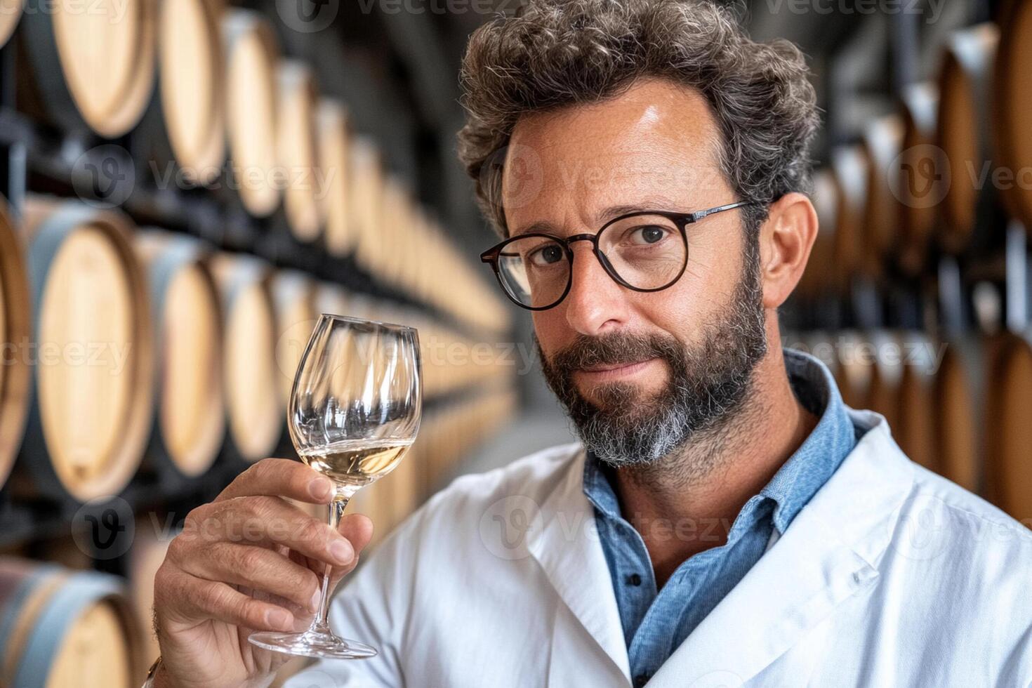 A man in a lab coat holding a glass of wine photo
