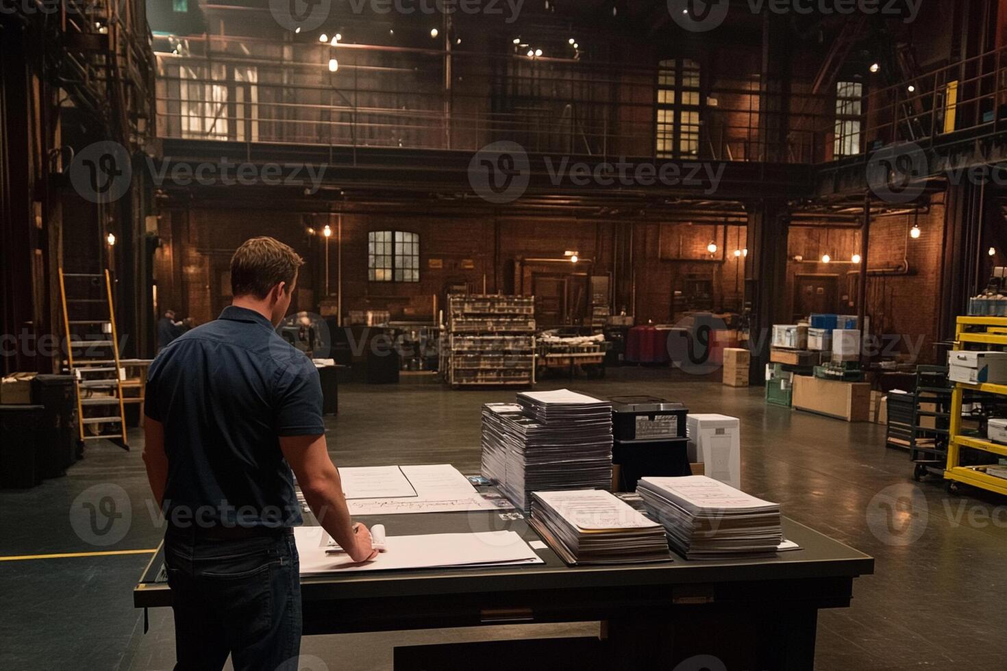 A man standing in a large warehouse looking at a table photo