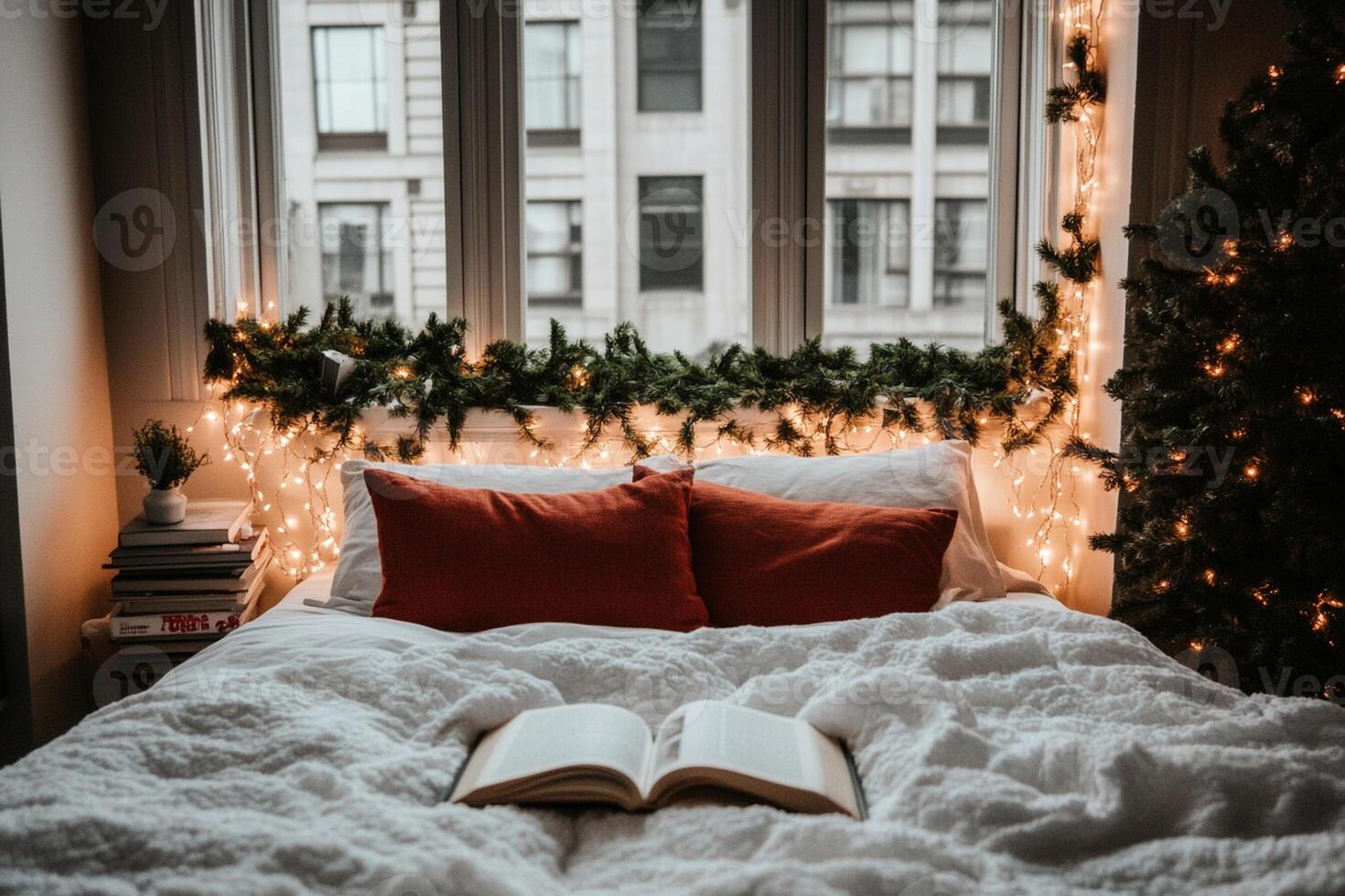 A bed with white sheets and a book on it photo
